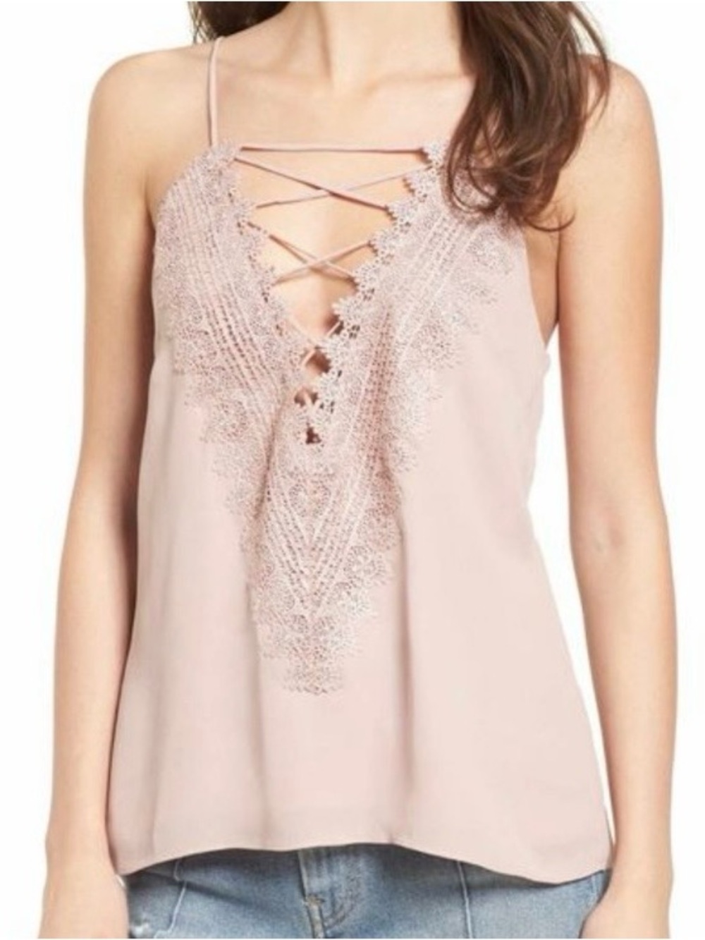 Wayf Posie Lace-Up V-Neck Cami - Cream Color LARGE